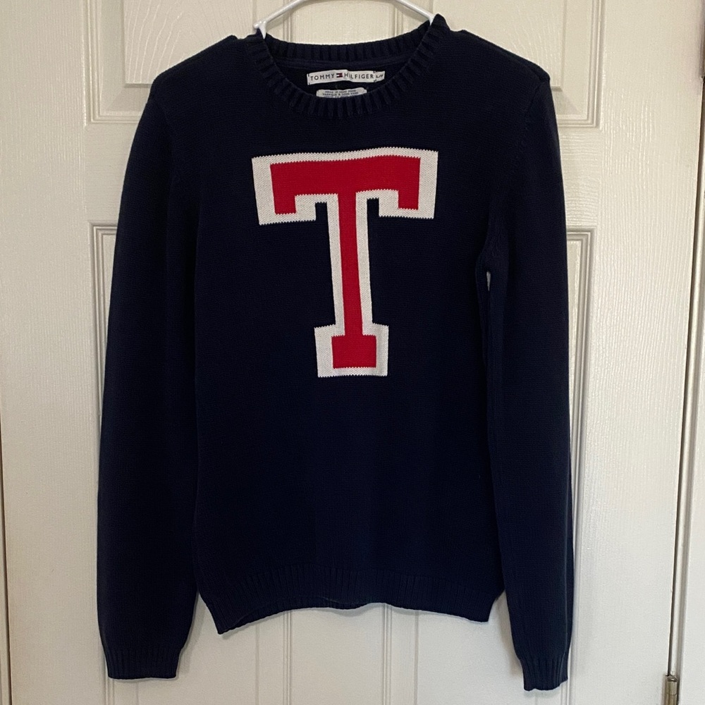 Tommy Hilfiger Navy Sweater with Red T Emblem